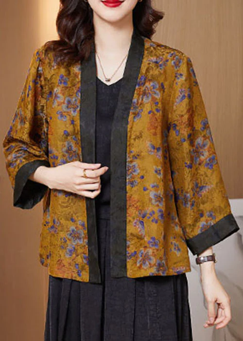 Yellow Printed Patchwork Silk Cardigan Coat