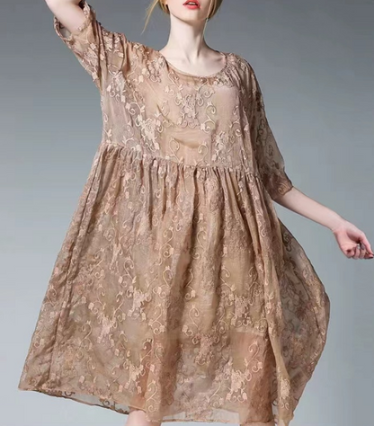 Vintage Gray Fashion Plus Size Lace Embroidered Dress & Suspender Two Pieces