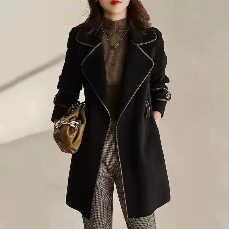 Patchwork Navy Collar Coat with Elastic Waist Pockets
