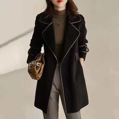 Patchwork Navy Collar Coat with Elastic Waist Pockets