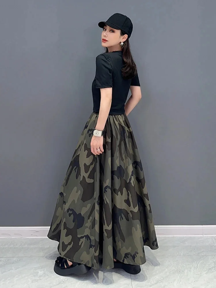Italian Women's Elastic Waist Camouflage A-Line Skirt