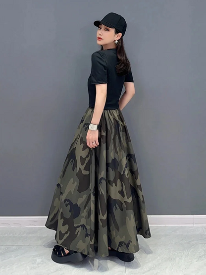 Italian Women's Elastic Waist Camouflage A-Line Skirt