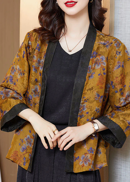 Yellow Printed Patchwork Silk Cardigan Coat