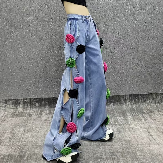 Stylish Blue Stereoscopic Floral Pocket High Waist Jeans
