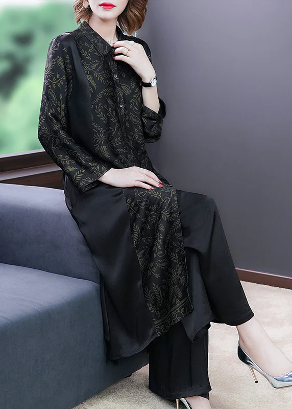 Elegant Black Printed Button Silk Long Shirt Wide Leg Pants Two Piece Set Long Sleeve