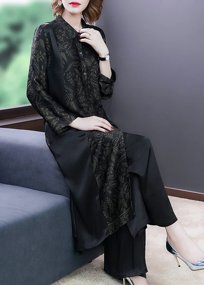 Elegant Black Printed Button Silk Long Shirt Wide Leg Pants Two Piece Set Long Sleeve