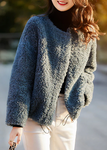 Women's Plus Size Blue Pocket Drawstring Teddy Faux Fur Coat