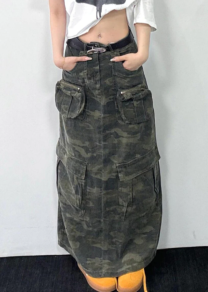 Women's Plus Size Camouflage Pocket Denim Long Skirt