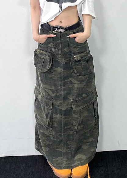 Women's Plus Size Camouflage Pocket Denim Long Skirt