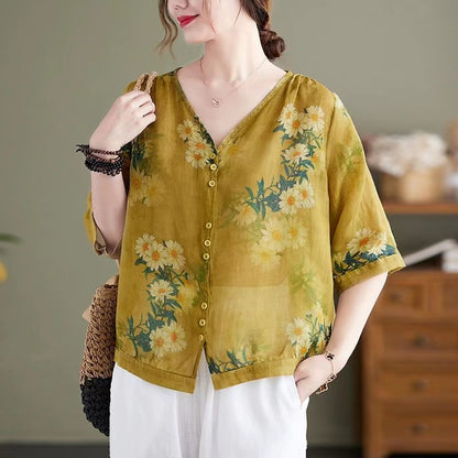 Elegant V-Neck Printed Cotton Short Sleeve Shirt Top