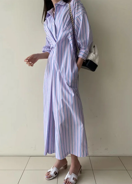 Women's Casual Beach Blue Striped Button Down Cotton Shirt Dresses