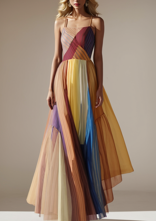 Halter Stripe Patchwork Long Sleeveless Dress