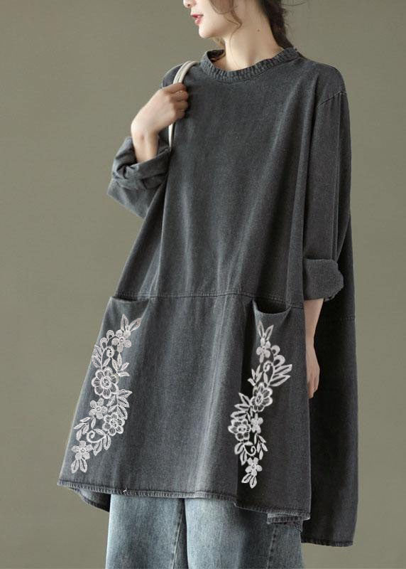 Black Gray Round Neck Pocket Denim Maxi Dress Long Sleeve