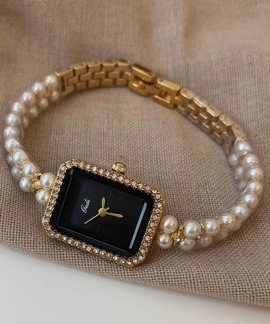 Women's Black Metal Square Chain Pearl Watch
