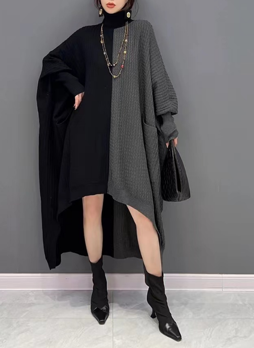 Big Silhouette Knit Sweater Dress High Neck Asymmetric Bat Sleeve