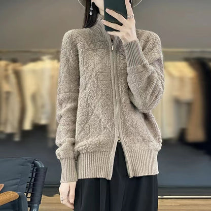 Casual Patchwork Wool Stand-up Collar Long Sleeve Sweater Jacket