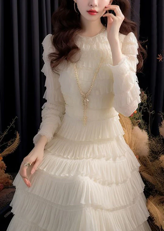 Women's Where White Solid Color High Waist Chiffon Ruffled Long Sleeve Dresses Dresses