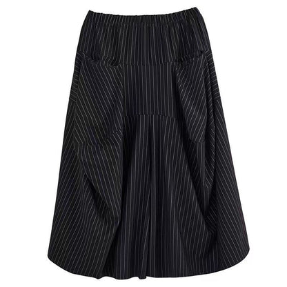 Women's Black Striped Pocket Casual Half Skirt Spring