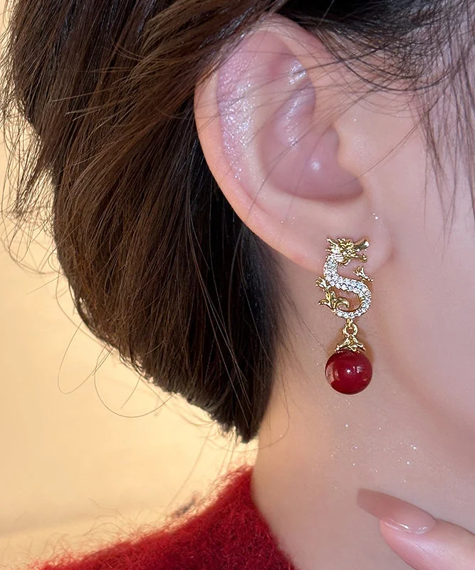Elegant Red Copper Alloy Zirconia Golden Dragon Dangle Earrings