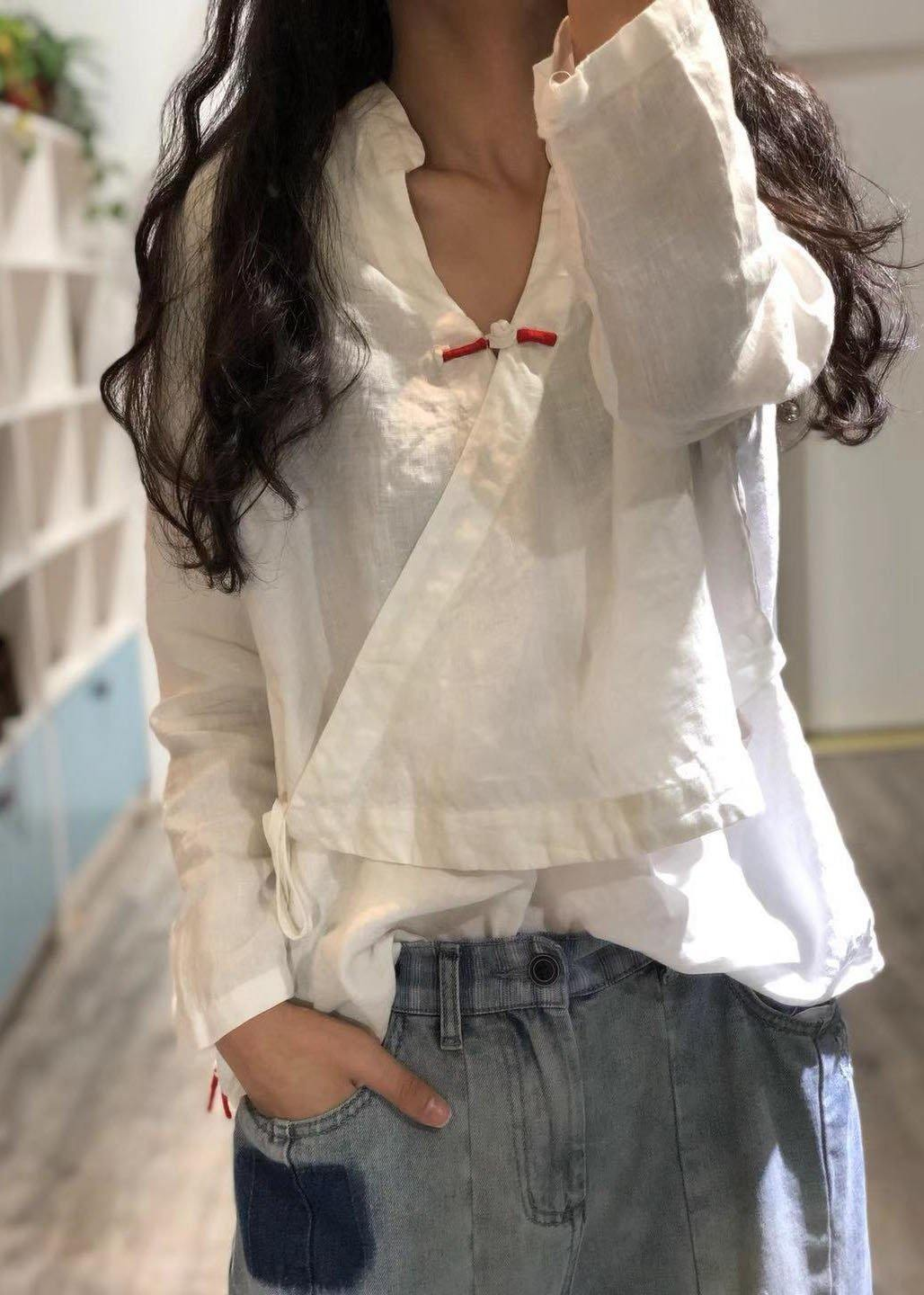 White Linen Shirt V-Neck Top