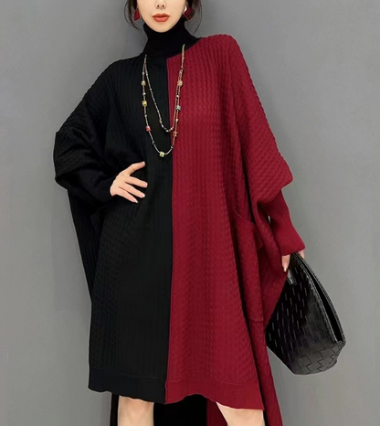 Big Silhouette Knit Sweater Dress High Neck Asymmetric Bat Sleeve