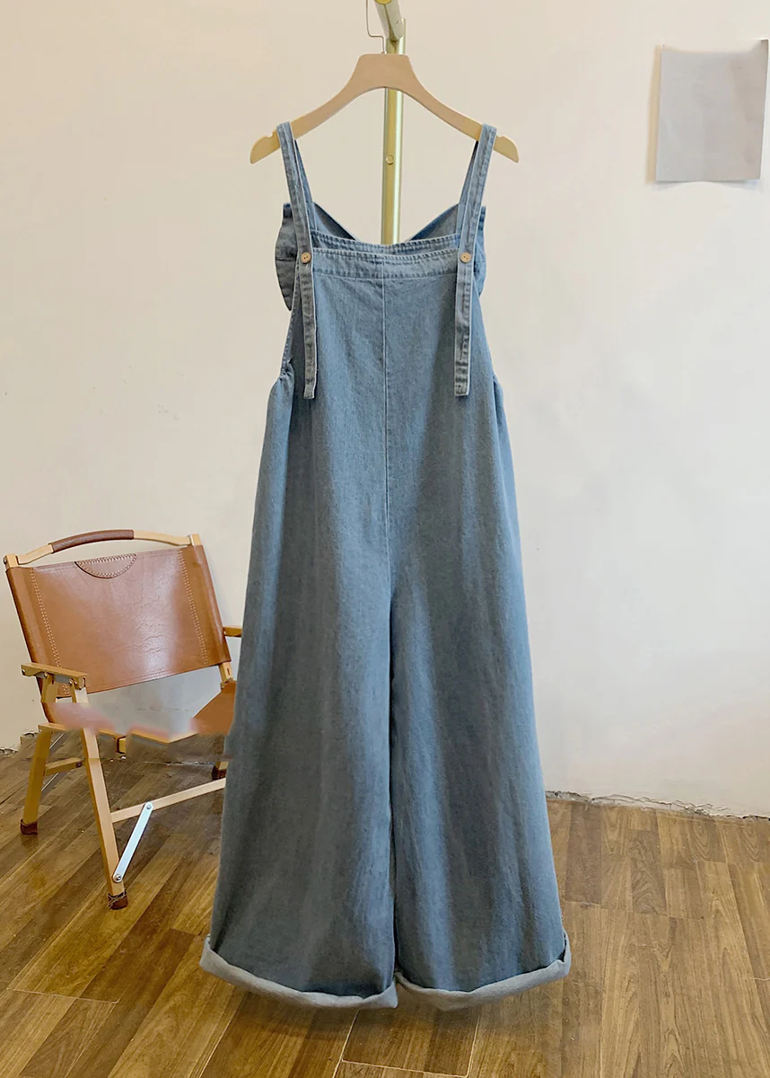 Women's Blue Patchwork Party Bow Denim Jumpsuit