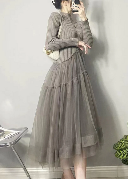 Elegant Knit Asymmetric Tulle Dress