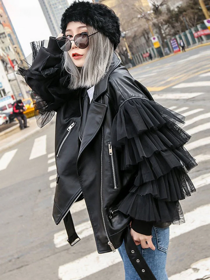 Women's Plus Size Black Lapel Patchwork Patchwork Multi-Layer Tulle Zipper Leather Jacket