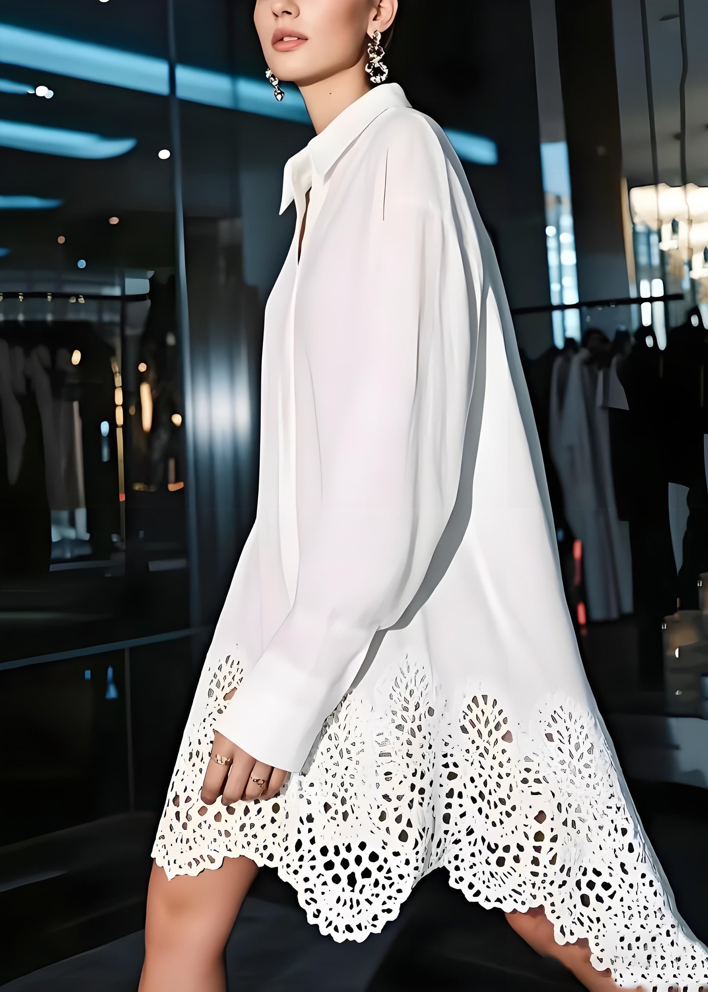 Women's White Party Lace Patchwork Shirt Dresses