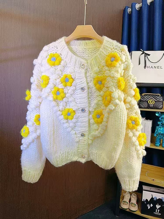 French handmade three-dimensional floral cardigan knitted sweater coat winter