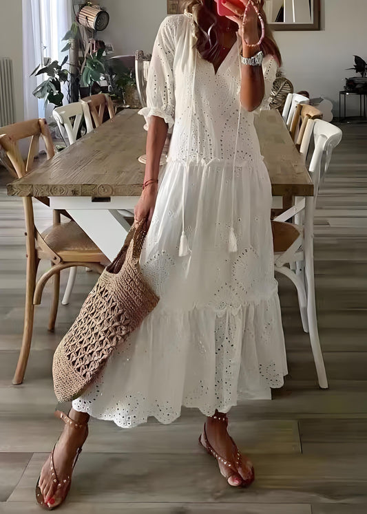 Women's Italian White Ruffle Cutout Cotton Party Holiday Dress Summer