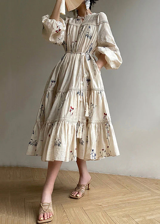 Women's Beige Embroidered Ruffle Pocket Linen Long Sleeve Dress