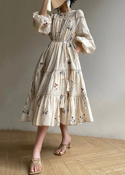 Women's Beige Embroidered Ruffle Pocket Linen Long Sleeve Dress
