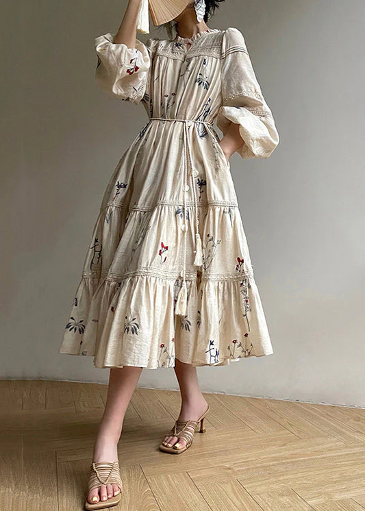 Women's Beige Embroidered Ruffle Pocket Linen Long Sleeve Dress