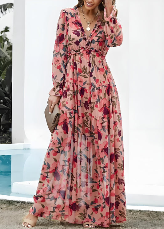 Women's Pink V-Neck Ruffle Printed Long Dress