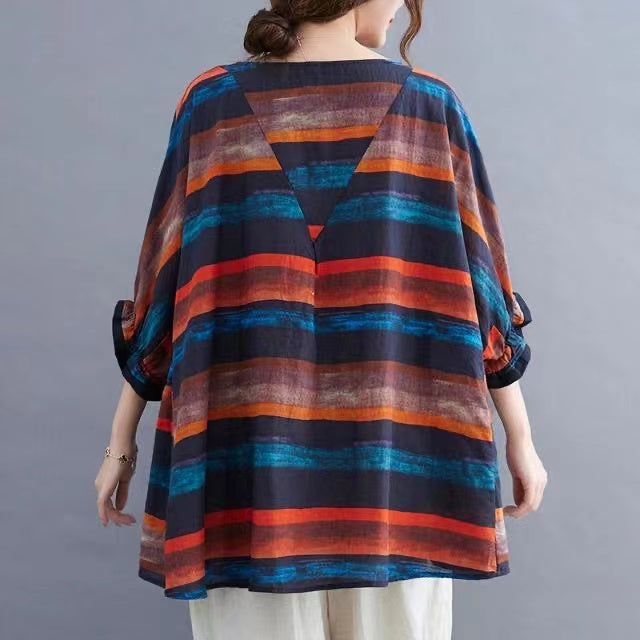 Colorblocked Striped Cotton Linen Crew Neck Batwing Sleeve T Shirt Top