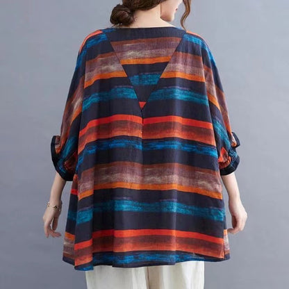 Colorblocked Striped Cotton Linen Crew Neck Batwing Sleeve T Shirt Top