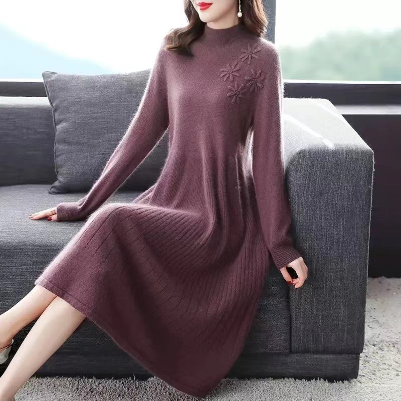 French Red Embroidered Floral High Neck Wool Knit Dress