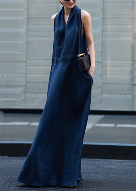 Light Blue Pocket Tie Waist Solid Color Linen Robe Sleeveless Dress