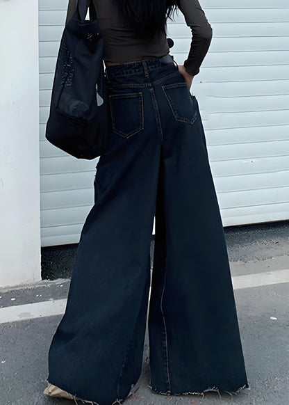 Women's Black Button Denim Wide Leg Pants Spring