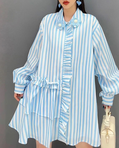 Stylish Striped Ruffle Shirt Dress
