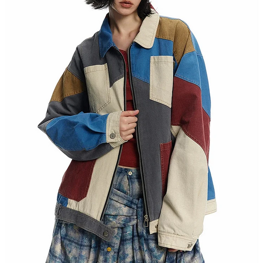 Organic cotton denim lapel blue colorblocked long sleeve zipper up denim jacket