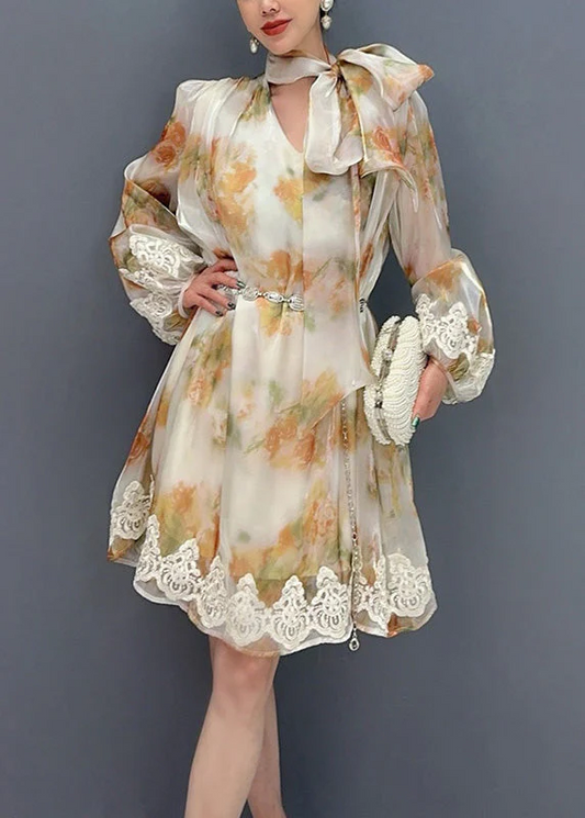 Women's Italian Fashion Printed Lace-Up Mid-Length Sleeve Dress