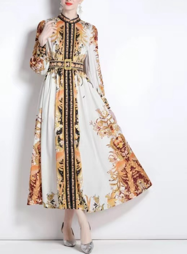 Elegant Standing Collar Printed Color Clash Long Sleeve Dress