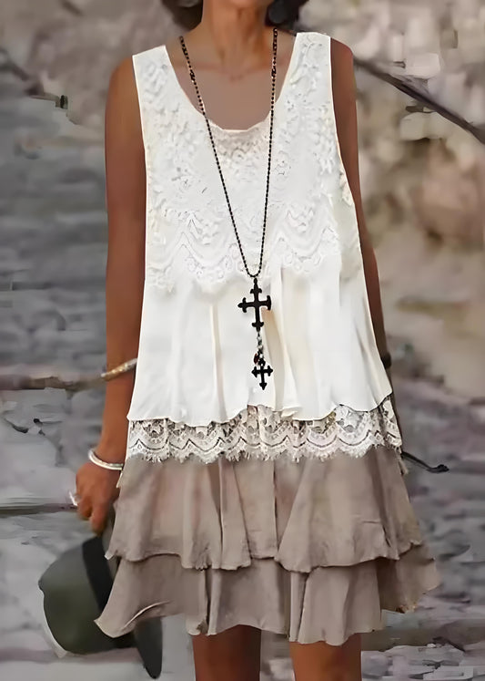 Women's Beach White Round Neck Lace Patchwork Midi Dresses