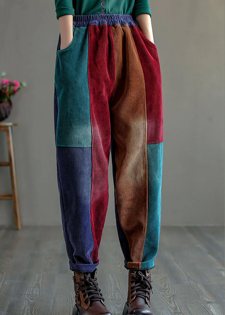 Women's Plus Size Colour Block Thick Corduroy Patchwork Pants