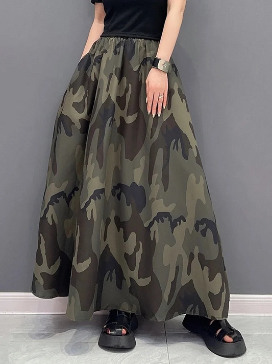 Italian Women's Elastic Waist Camouflage A-Line Skirt