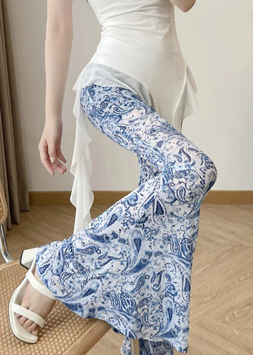 Women's Fashion Blue Printed High Waisted Flared Pants