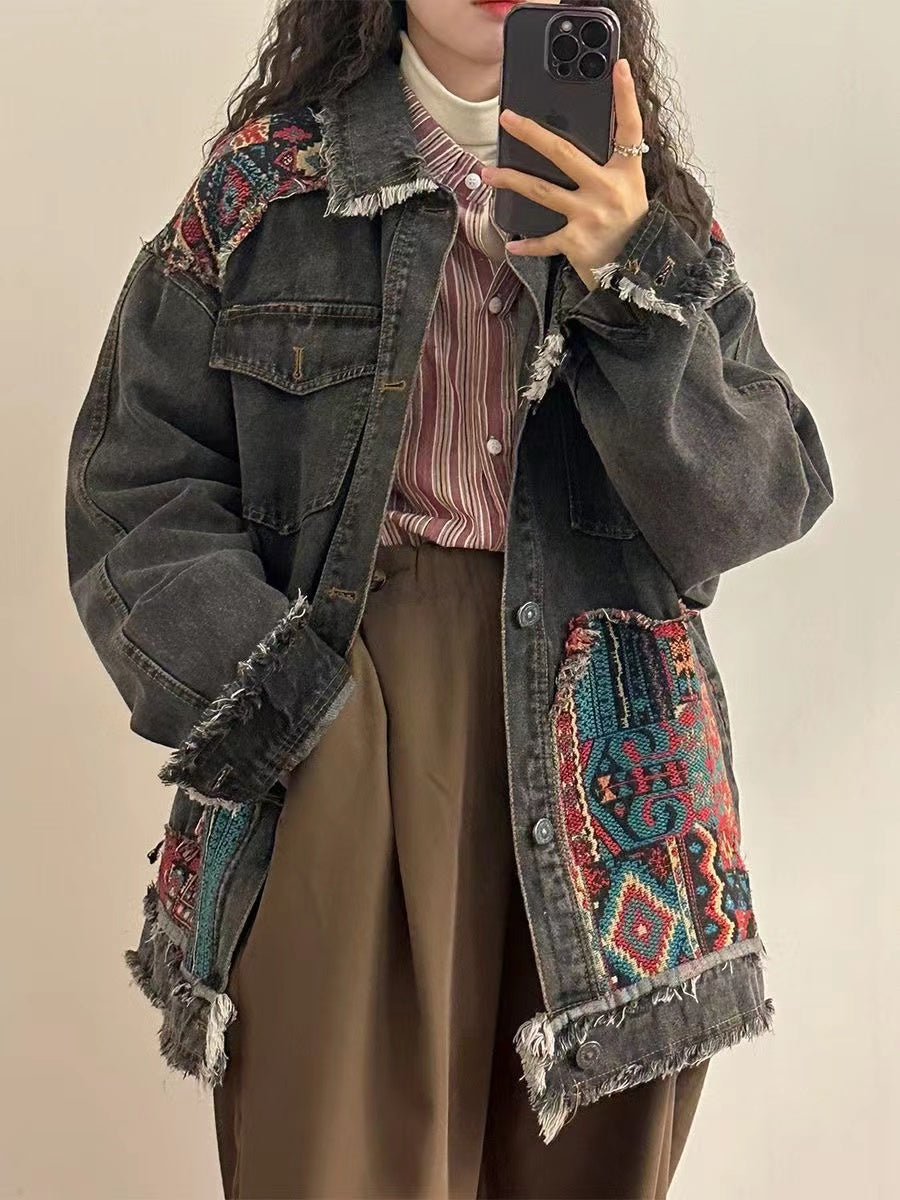 Loose Quilted Edge Worn Color Blocked Denim Jacket