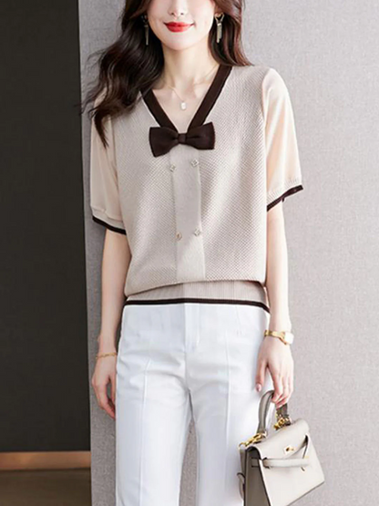 Elegant V-Neck Bow Knit Short Sleeve Blouse Top